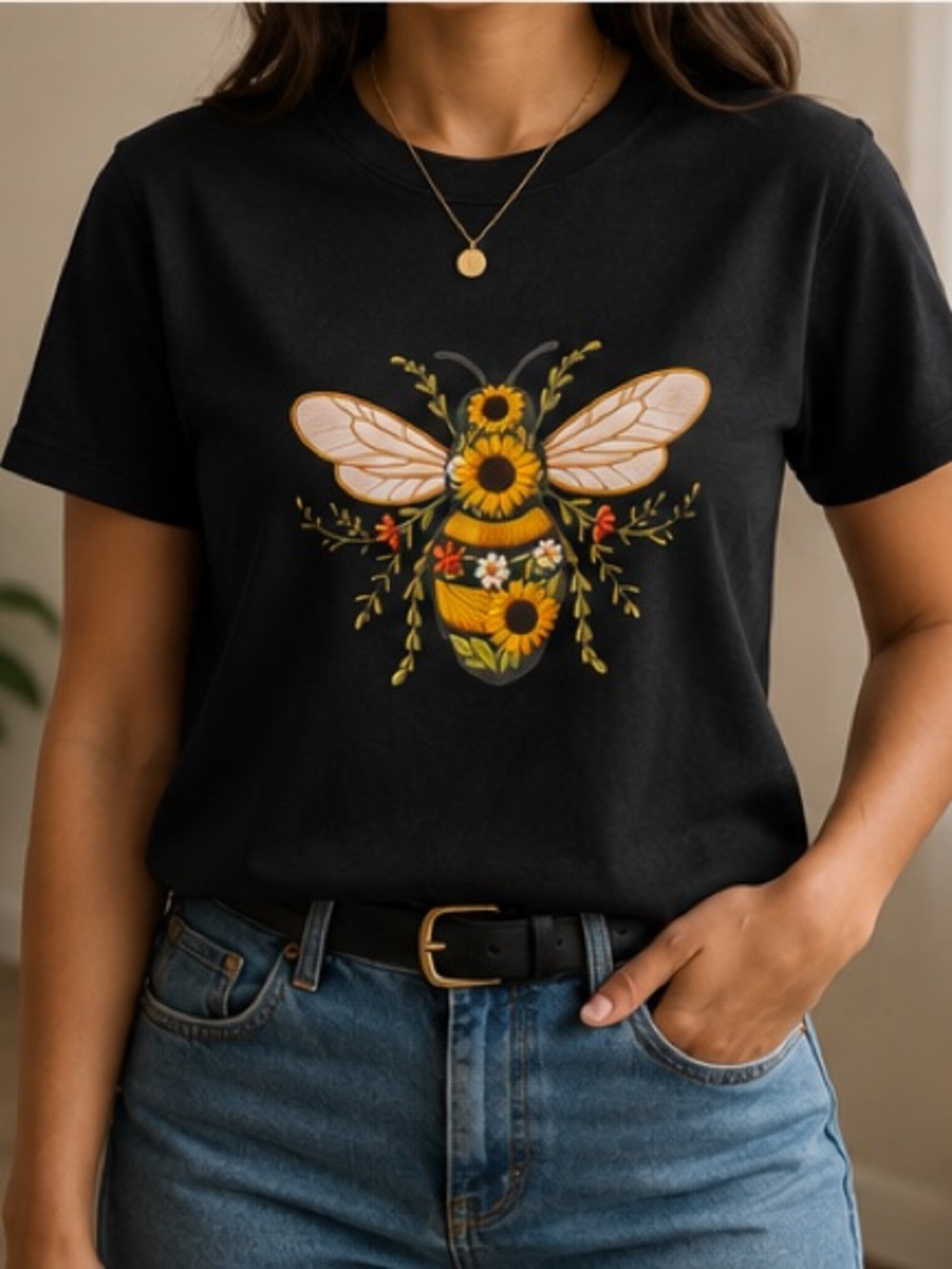 Black Floral Bee Graphic T-Shirt – 100% Cotton